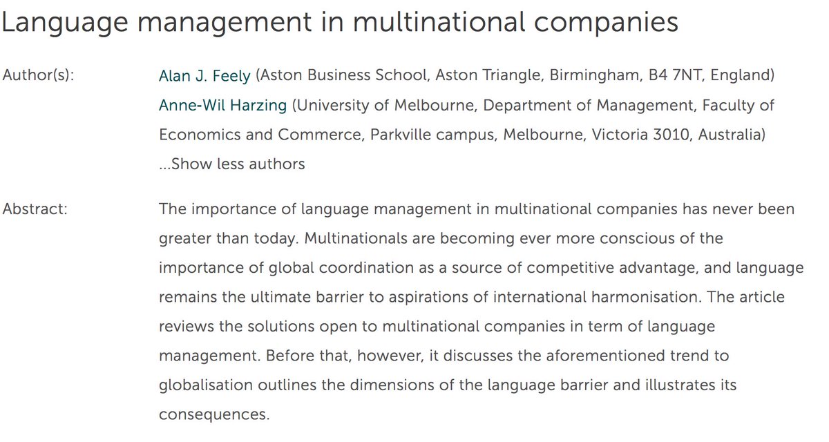 CCSM_Journal's tweet photo. Did you know that our most cited paper in the last years is "Language management in multinational companies"? It's authored by by Alan J. Feely & Anne‐Wil Harzing https://t.co/kEtSPH3yRe #CCSM #mustread #mostcited #languagemanagement #MNE #lostintranslation #languagebarrier https://t.co/IBIZgI52VL