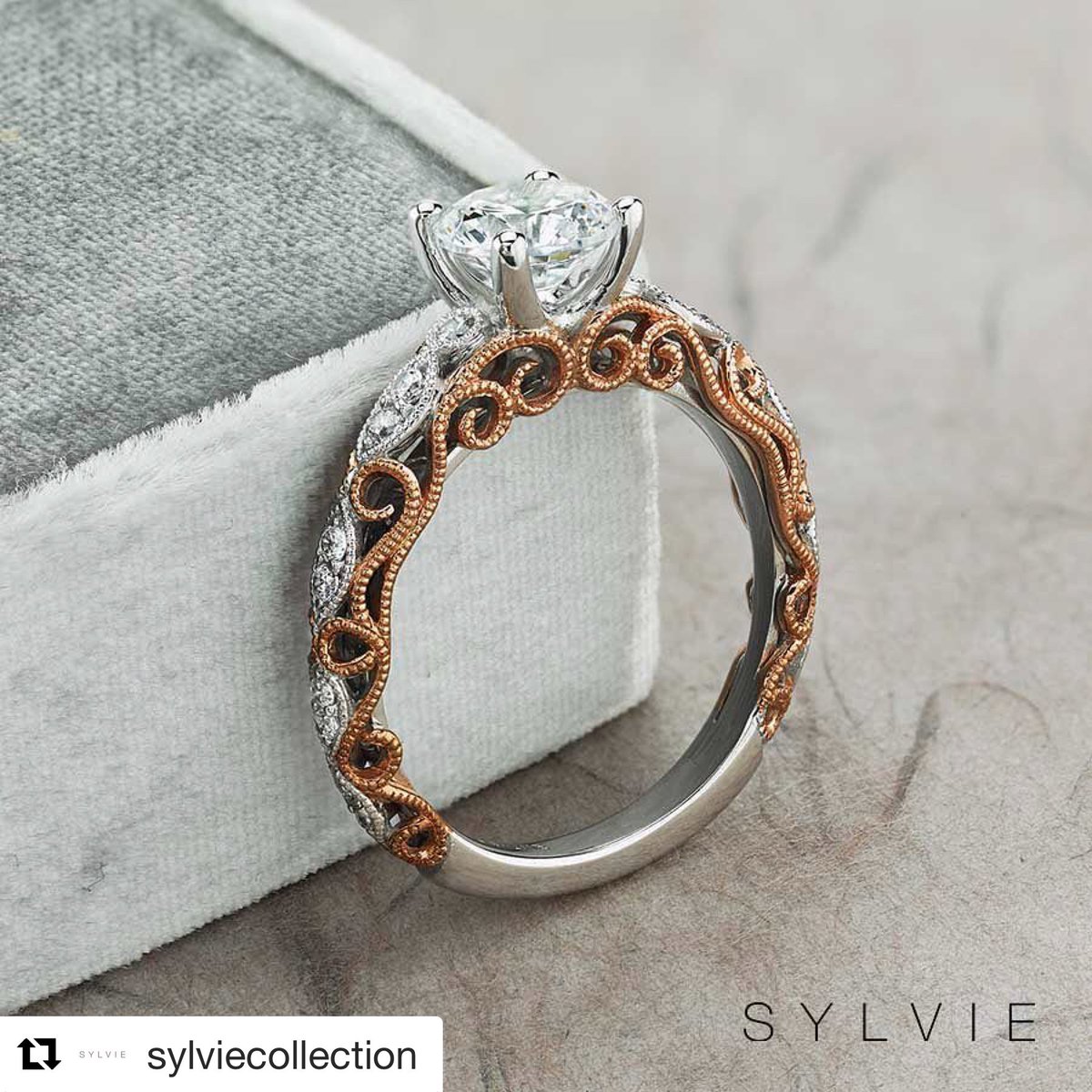 Mix it up with this gorgeous @sylviecollectn mixed metal solitaire engagement ring! 💍 This exquisite vintage engagement ring features a dazzling rose gold  milgrain swirl design on the inner profile that sets this ring a part  from the rest! 💙 <a href="/PrecisionJewel/">Precision Jewellers</a>