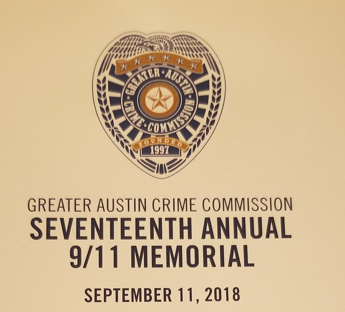 collins_dcc's tweet photo. Detective Rideau and I had the honor of attending the Greater Austin Crime Comission's 17th Annual 9/11 Memorial along with @PfChiefRobledo, @PfPD52, and many other members of the public safety family . Please take a moment to remember the tragedy of September 11, 2001. https://t.co/7FsLLdwkvD