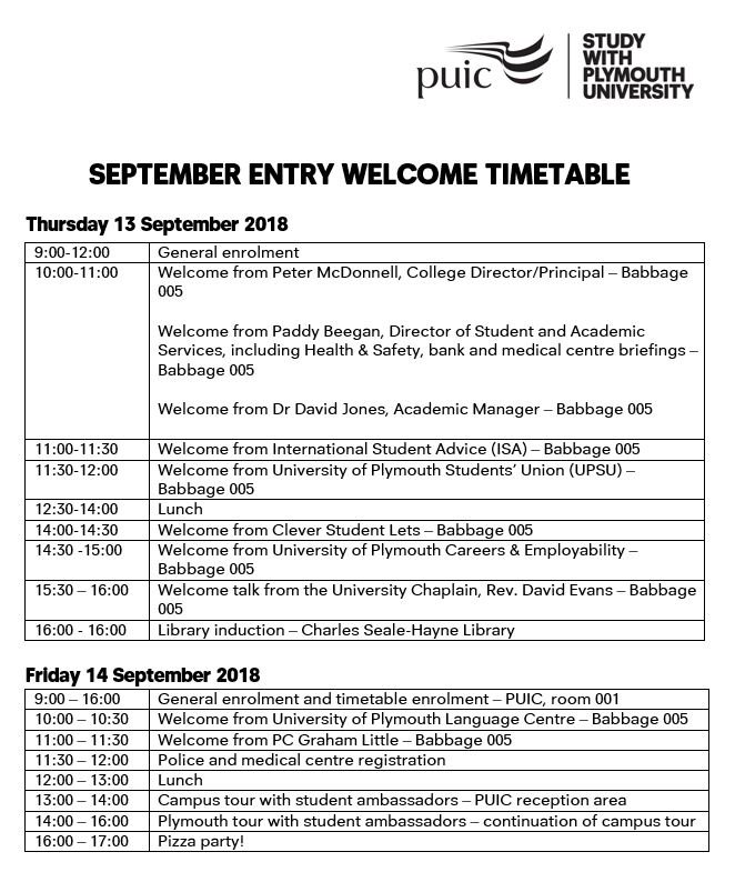youpickUPIC's tweet photo. π A VERY WARM WELCOME TO THE CLASS OF 1803
π Tomorrow: enrolment continues between 09:00 & 12:00/13:30 & 16:00
π£οΈ Thursday: welcome talks
πFriday: pizza party - it's a PUIC rite of passage!
#BePUIC #PlymUni #welcome #EnrolmentWeek #newstudents #Septemberentry #timetable https://t.co/NWP8CCS68f