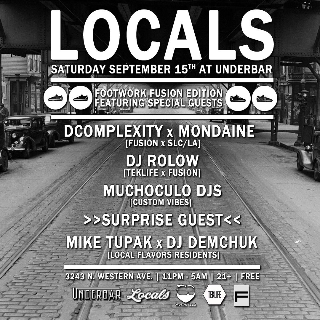 djdemchuk's tweet photo. Throwing a FREE party This Saturday feat. SLC/LA couple @dcomplexicon b2b @MONDAINE19 + @teklife57’s @djrolow, @38Slugs, + me & the @MUCHOCULOTV homies @pranasnadi & @BassFatboy!
3243 N. Western Ave. | 11p-5am
21+ —— No Cover All Nite Long! #LOCALS #footwork #letsjuke #Chicago https://t.co/4569uJnL2g
