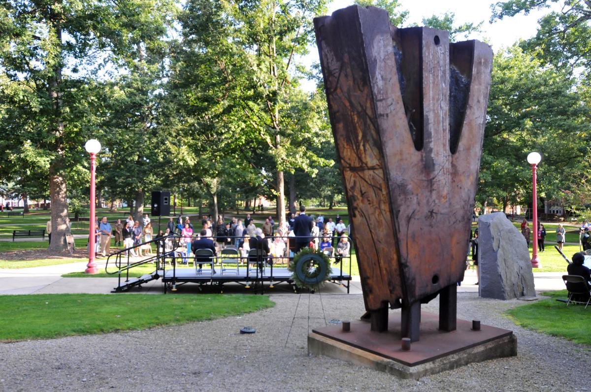WarriorBN_ROTC's tweet photo. All give some, but some gave all. 
In IUP’s Oak Grove, a piece of debris from the World Trade Center stands tall. Today is a day of grieving for many, it is also a day of remembrance of the bravery these people showed to their country. These families are in our hearts &amp; minds. https://t.co/6BPEYyAm1M