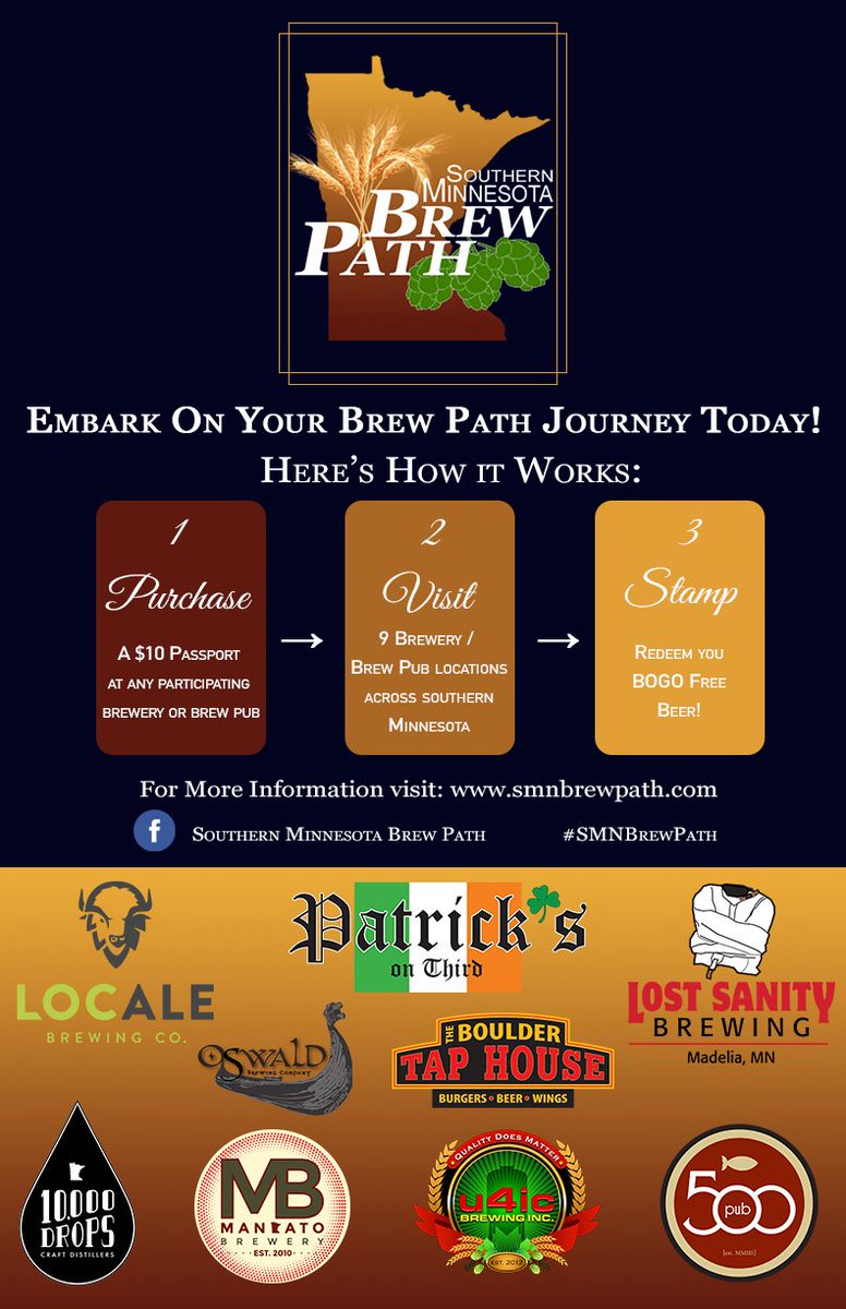 Southern Minnesota Brew Path passport now available for $10 <a href="/OswaldBrewingCo/">Oswald Brewing Comp</a> 9 participating businesses, raising craft beer awareness on a local level and passing along great savings! Horns Up Minnesota!