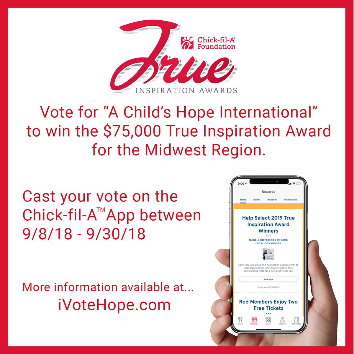 A Child's Hope Intl (@achildshopeintl) on Twitter photo Cast your vote now and help us win up to $75,000! #cfavote4hope #cfaivotehope #achildshopeintl #trueinspirationawards #cfavoteforhope Cast your vote now and help us win up to $75,000! #cfavote4hope #cfaivotehope #achildshopeintl #trueinspirationawards #cfavoteforhope