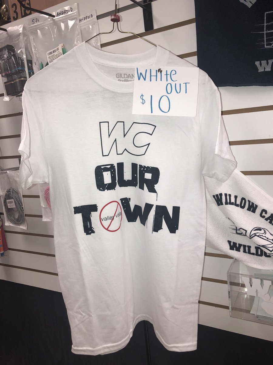 decawchs's tweet image. Willow vs. Valley game this Friday! Get your white out shirt and support your school for only $10 at the Den🚾🏈 #battleofsurprise