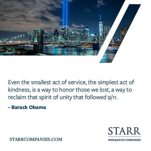 StarrInsure's tweet photo. #NeverForget

On the anniversary of 9/11, we remember those who lost their lives in the tragic attacks, pay tribute to the bravery of first-responders, the heroes who gave their lives, and all those affected by the attacks. https://t.co/gCdkUGVpek