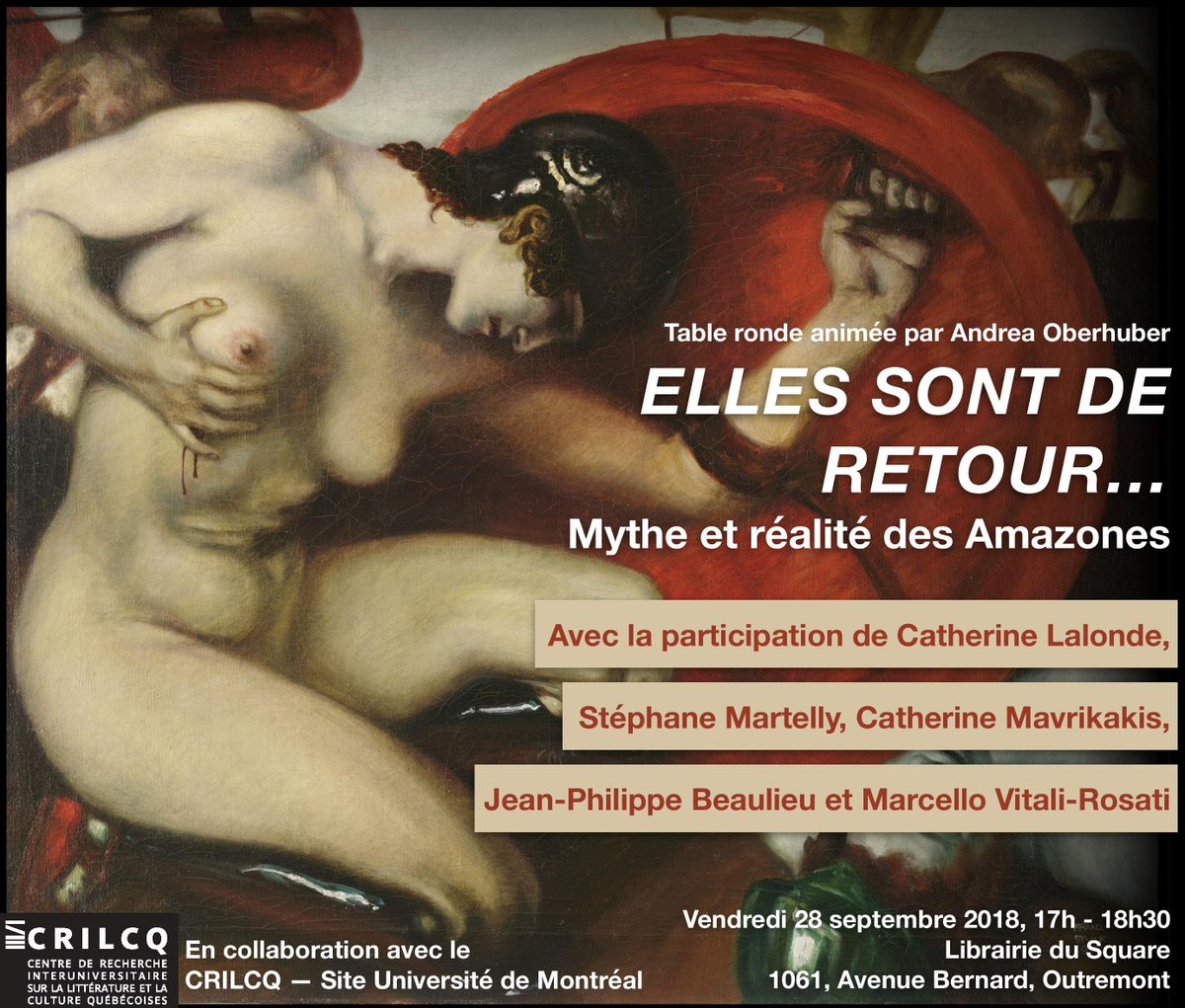 Consultez le programme du colloque que j'organise avec <a href="/AndreaOberhuber/">Andrea Oberhuber</a>, "Imaginaire des Amazones : pouvoir, sacrifice et communauté", qui aura lieu à l'<a href="/UMontreal/">Université de Montréal</a> <a href="/dllf_udm/">DLLF</a> le 27 et le 28 septembre, suivi d'une table ronde à <a href="/librairiedusqua/">Librairie du Square</a> en collaboration avec <a href="/crilcq/">CRILCQ</a> - udem