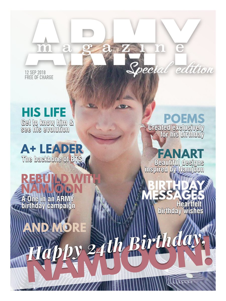 ARMYMAGofficial's tweet photo. [0912]
🎉 Happy 24th Birthday, #RM @BTS_twt! 🎉

ARMY Magazine has prepared an extra special surprise for this occasion!

👉 https://t.co/glWv35pxx5
👉 https://t.co/7KSliWyZBe

Enjoy it and share it with everyone!

#남준_넌_나의_사람사랑자랑 #RMGalaxyDay #방탄소년단 #HAPPYRMDAY https://t.co/jko6SkRF50