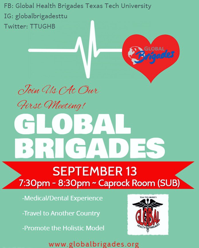 TexasTechGB's tweet photo. Join us THIS THURSDAY (9/13) for our first GB meeting of the semester! We will be discussing information about the TTU chapter, Global Brigades organization, and our mission trip in the Spring! And did I mention.... FREE PIZZA!  #ttu #globalbrigades #makingadifference https://t.co/fjGlkad8hc