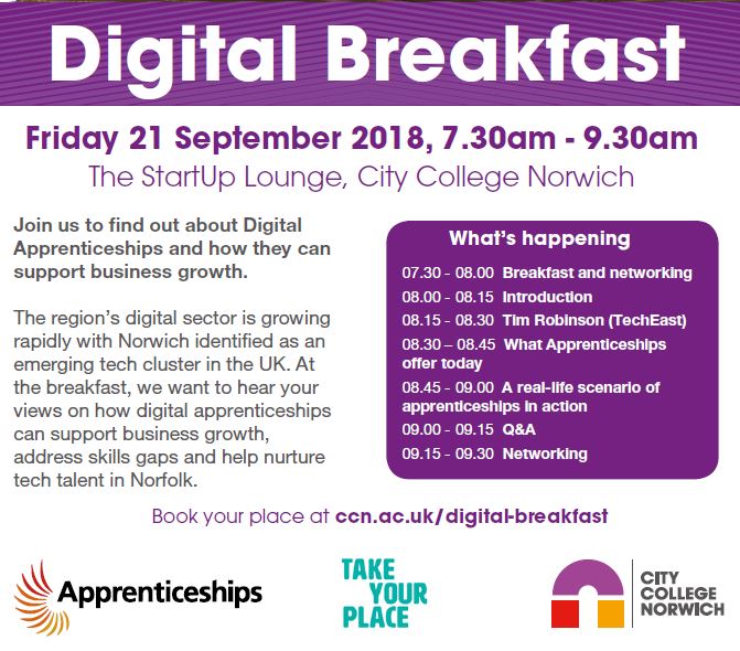 TakeYourPlaceHE's tweet image. Join Tim Robinson from @TechEastUK for our #DigitalBreakfast. Join #businesses in the discussion on how #DigitalApprenticeships can support business growth &amp;amp; address skills gaps. @ApprenticeCCN 21 Sept 7.30-9.30am. #WeAreNCOP #tech To register ccn.ac.uk/digital-breakf…