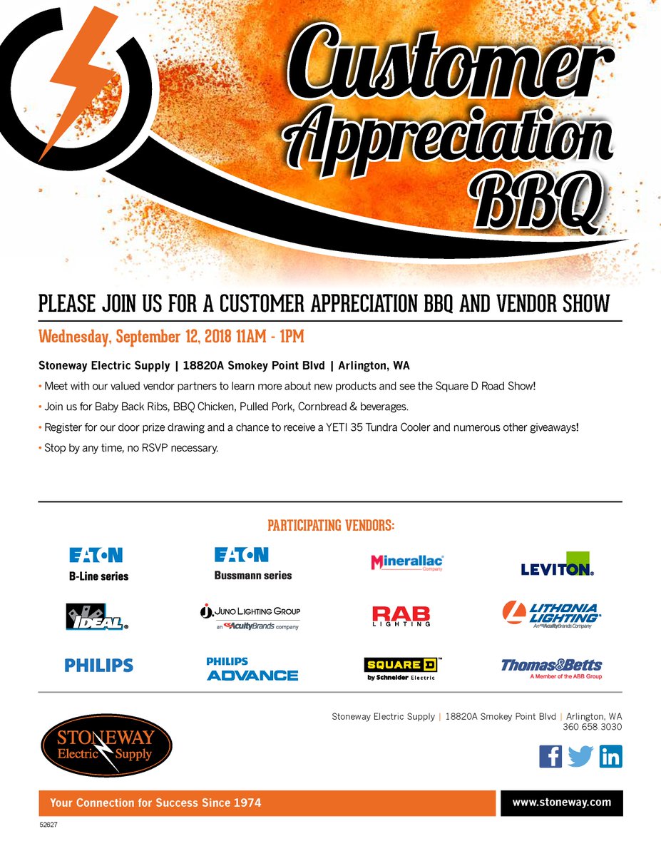 stonewayelect's tweet image. TOMORROW: Stop by our Arlington branch for a Customer Appreciation BBQ from 11AM - 1PM. Meet with our vendor partners to learn more about new products, and see the Square D Road Show!