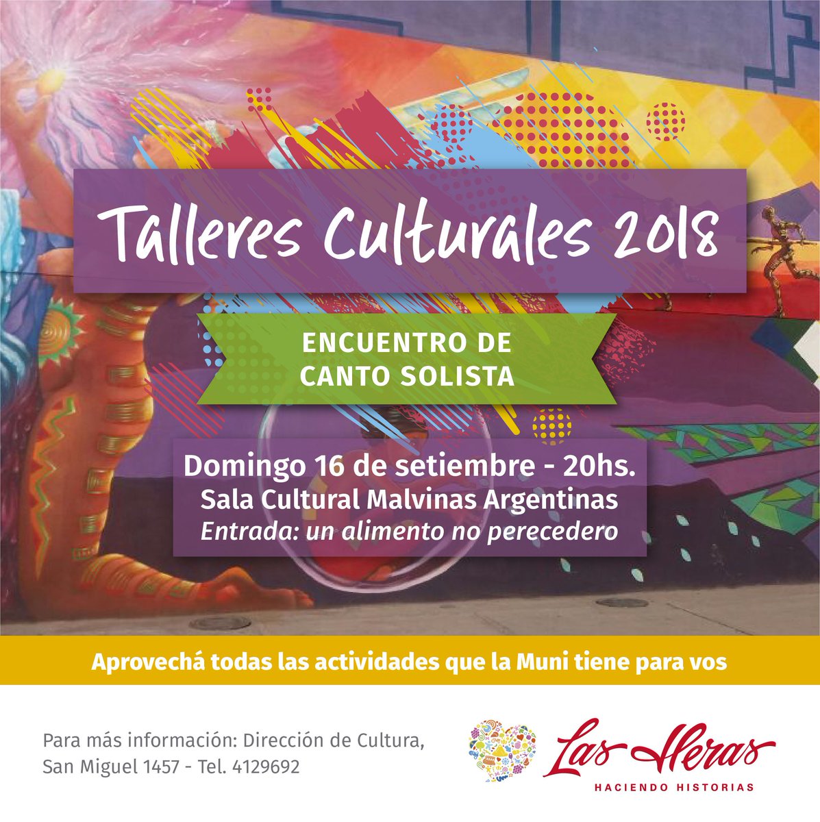 #TalleresCulturalesLH 🎭Comenzó setiembre y las iniciativas artísticas y culturales  continúan a todo color!.😀Este domingo desde las 20 te esperamos en la #SalaCulturalMalvinasArgentinas para un encuentro de canto solista para toda la familia.Entrada:Un alimento no perecedero 😊