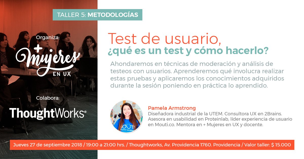masmujeresux_cl's tweet image. Las inscripciones para nuestro Taller 5 están recién salidas del horno 👉 Súmate a esta sesión teórica-práctica para aprender técnicas de moderación y análisis de pruebas con usuarios. Liderado por @pamearmstrongh Solo hay 20 cupos disponibles welcu.com/mas-mujeres-en…