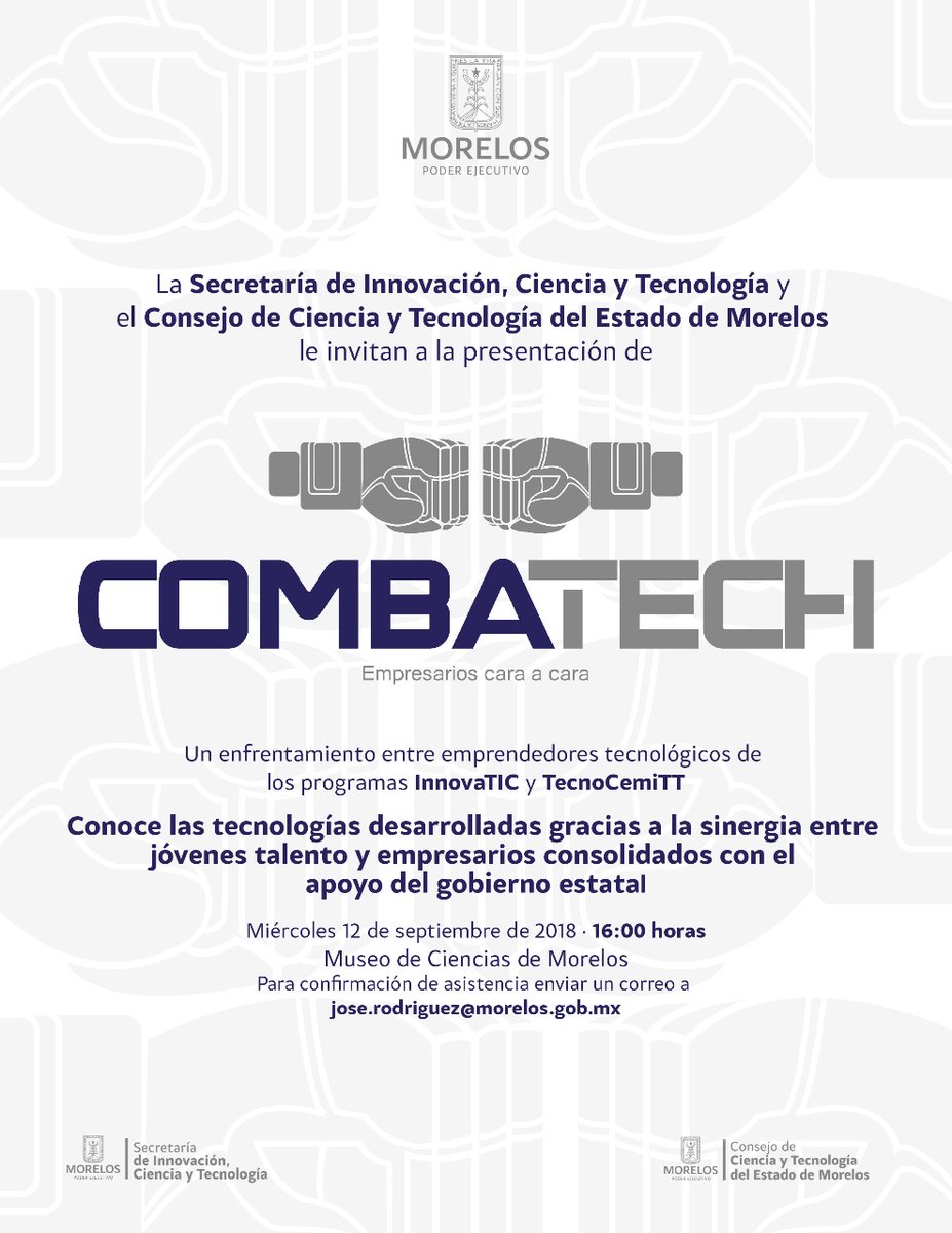 ccytem's tweet image. Se parte de un enfrentamiento entre emprendedores tecnológicos sin precedentes. Conoce las tecnologías desarrolladas en los programas InnovaTIC y TecnoCemiTT. Septiembre 12 a las 16 horas en el Museo de Ciencias de Morelos. #MorelosInnovador