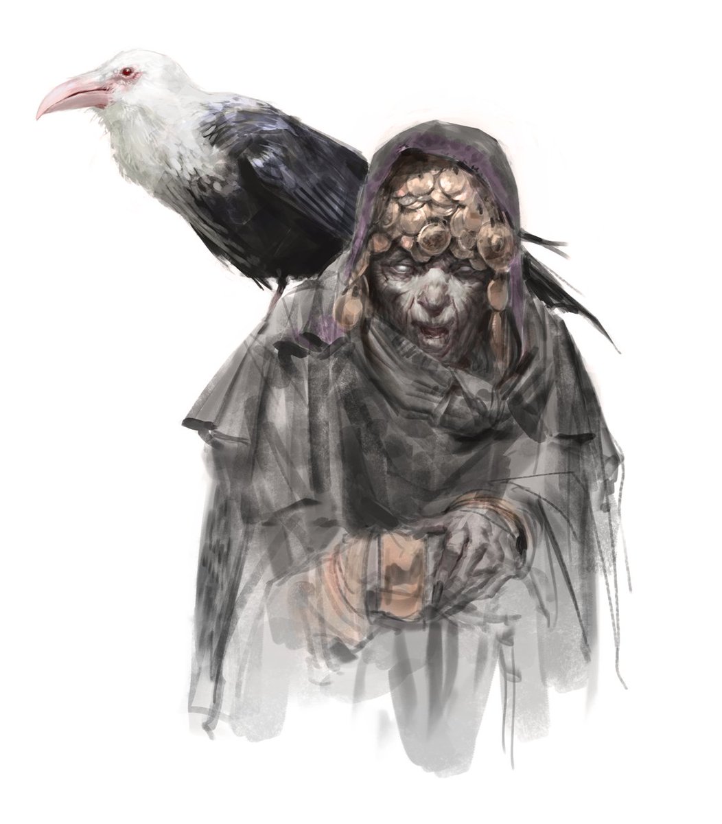 jacobsontyler's tweet image. Sketch of a fortune teller with a white headed raven, for Dragon Heist. #DnD #waterdeep