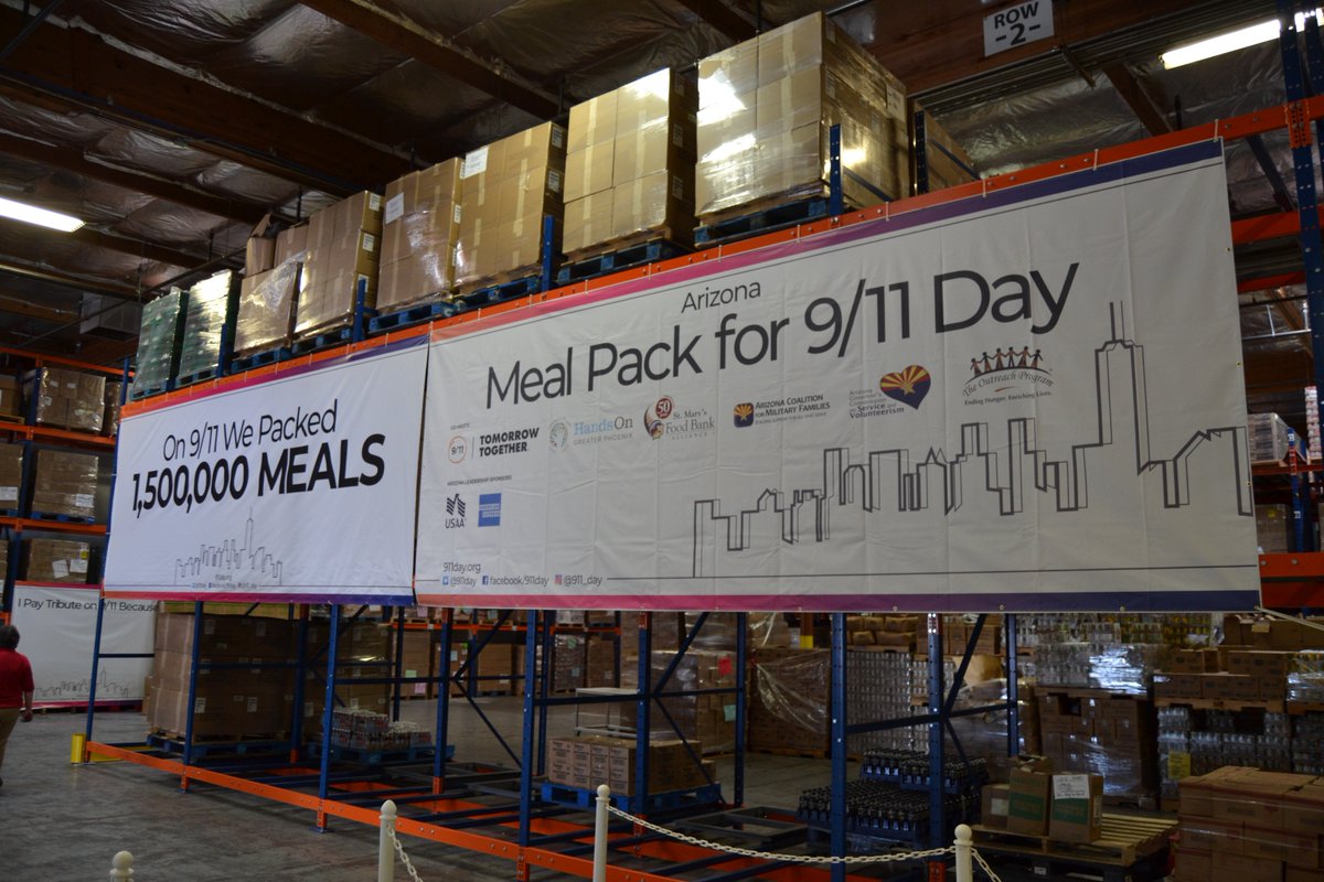 StMarysFoodBank's tweet photo. We are all set up and ready to go for all of our @911day volunteers. Today is a day of remembrance and our Phoenix community is choosing to do so by helping others #MealPacking #911DayOfService https://t.co/7KIsRk7Nje