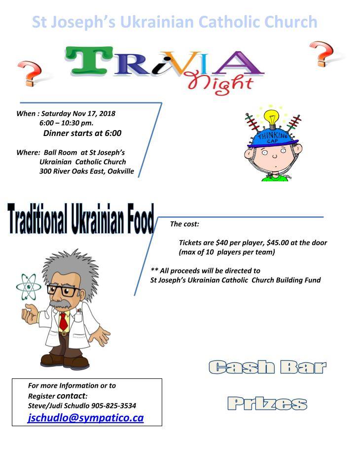 Come for a FUN night - enjoy Ukrainian Food for Dinner &amp; win prizes all evening. <a href="/StJosephsUCC/">St. Joseph's UCC</a> #TriviaNight <a href="/SJUCChall/">SJUCCHall</a> #Ukrainian #Food
