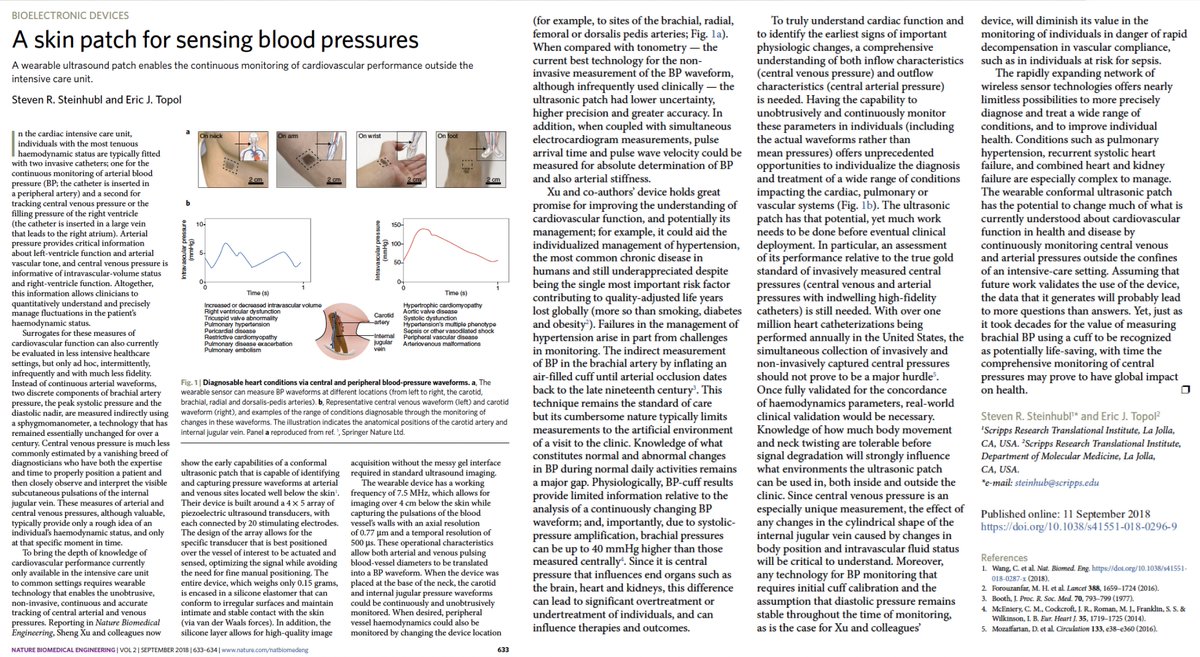 EricTopol's tweet image. A skin patch that measures blood pressure
nature.com/articles/s4155… by @UCSDJacobs Our editorial by @SteveSteinhubl @natBME @ScrippsRTI nature.com/articles/s4155…
