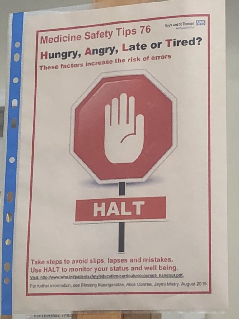 drkogallagher's tweet photo. Saw this in pharmacy aseptic but equally relevant to the cath lab. Especially nights on call, when all 4 may apply #reducingerrors @TheBJCA @GSTTnhs https://t.co/P25bWLSpxa
