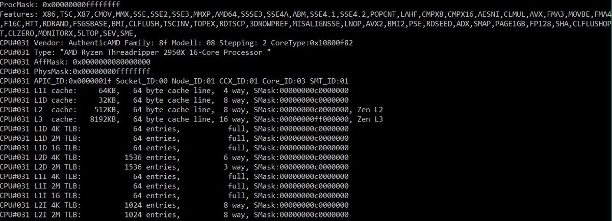InstLatX64's tweet photo. 16-Core #AMD Ryzen #Threadripper #2950X (#Threadripper2) 800F82 CPUID dump added https://t.co/9ORM84eaQQ