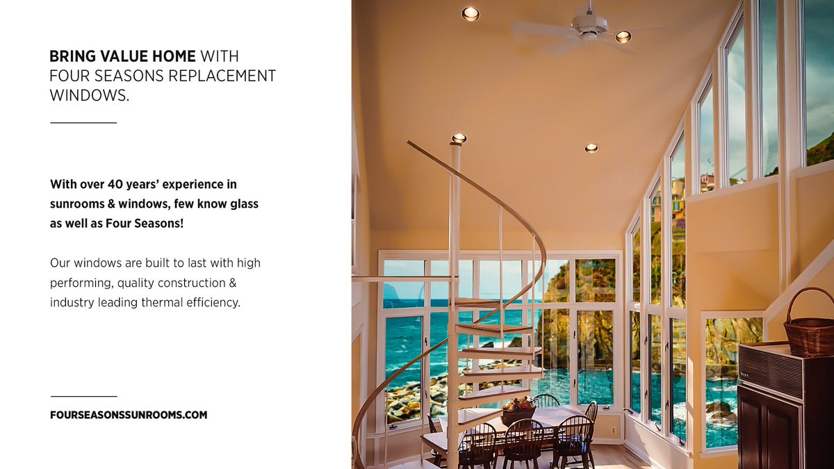 SunroomsWindows's tweet image. Bring light  &amp;amp; value home with our trusted window technology. With 40 years of long-lasting durability and timeless style, Four Seasons replacement windows speak for themselves. #WindowWeek