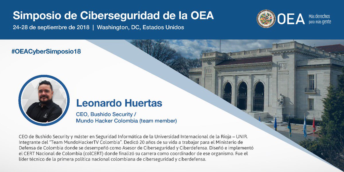 ¿Por qué es importante proteger las infraestructuras críticas y qué pueden hacer los gobiernos para mejorar su #ciberseguridad? <a href="/SamuraiBlanco/">侍 - SamuraiBlanco</a>, Bushido Security, dará respuesta a estas preguntas durante el Simposio de #Ciberseguridad de la #OEA Síguelo en 👉 #OEACyberSimposio18