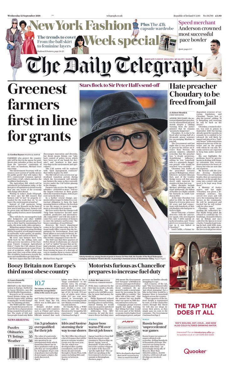 BBCNews's tweet photo. Wednesday’s Telegraph: Greenest farmers first in line for grants #tomorrowspaperstoday #bbcpapers (via MsHelicat)  https://t.co/VxCJs5Klvo