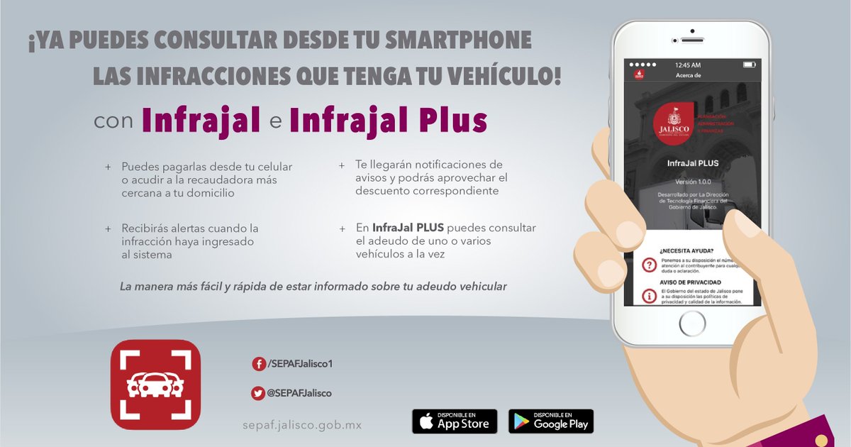 #SEPAFácil Descarga las #apps #InfraJal e #InfraJalPlus Donde podrás consultar y pagar desde tu smartphone las infracciones de tus vehículos, además recibirás notificaciones de descuentos y promociones.
La manera más fácil y rápida de estar informado sobre tu adeudo vehicular.