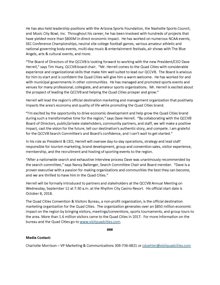 VisitQuadCities's tweet photo. We are excited to announce @DaveHerrell as the new President & CEO of the Quad Cities Convention & Visitors Bureau. https://t.co/YcgejZBku4