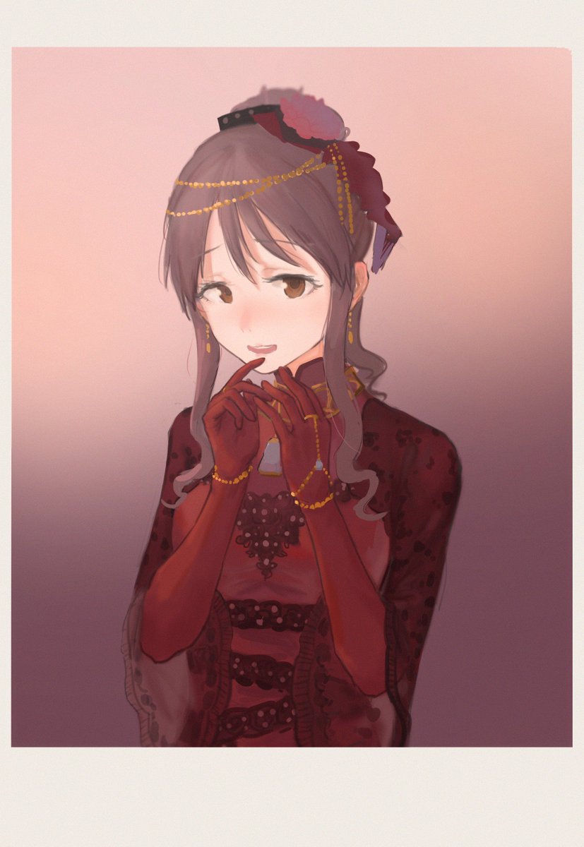 1girl solo gloves jewelry brown eyes dress red dress  illustration images