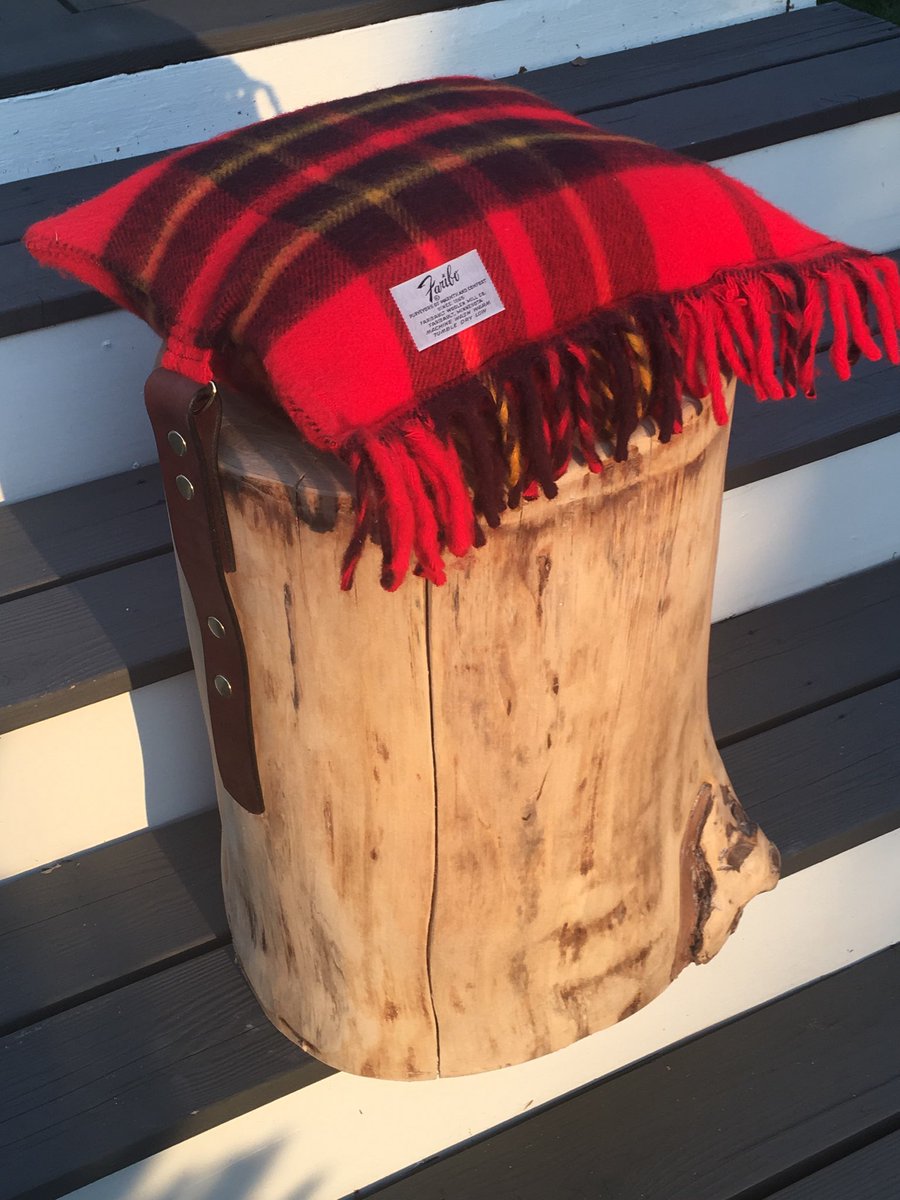 ChairAffairGF's tweet photo. Check out “Lumberjack” created by Darren Thompson. It is a pine stump stripped, sanded and waxed with leather straps. His wife Jean sewed the pillow out of a vintage woolen mills throw. Pillow can also be removed to use as an end table. #ChairAffair2018 #GFChairAffair #ILoveGF https://t.co/KEYv1QcaX9