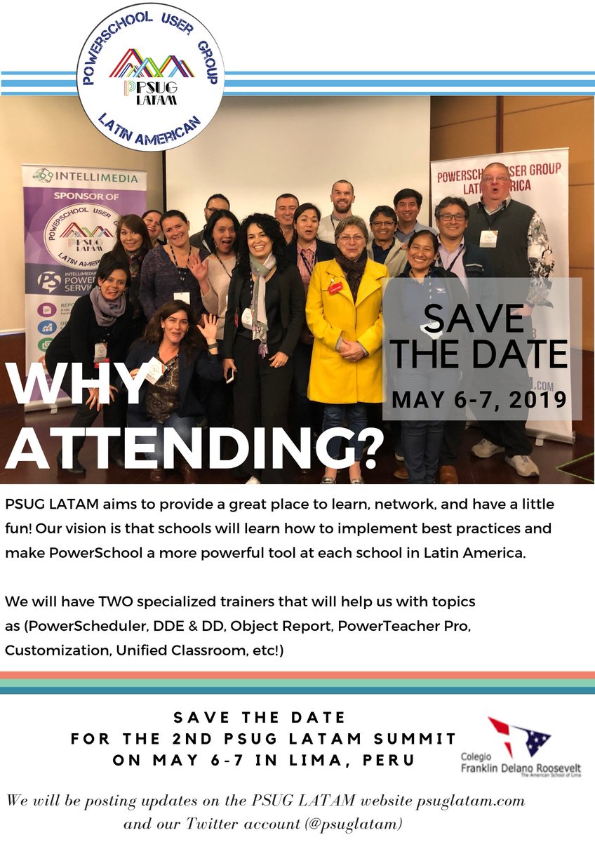 PSUGLATAM's tweet photo. #PSUGLATAM Is Coming!! 2019 host school is @ColegioFDR in #Lima #Peru. Take advantage of the early bird registration fee, connect with other educators using @MyPowerSchool and be part of this amazing community! #pln #plc #powerschool @AASSA_SA @TriAssociation #aassa @techmaverick https://t.co/eYj8PuPtbs