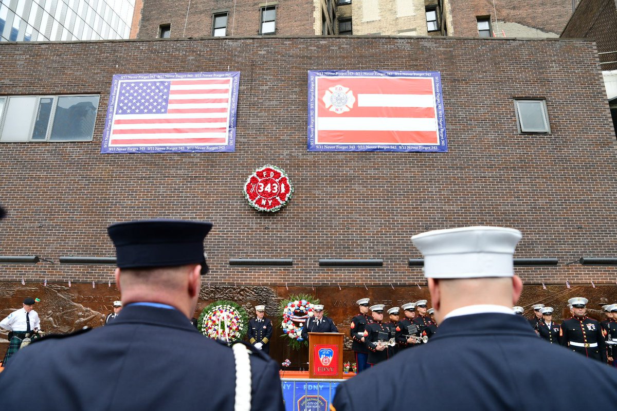 FDNY's tweet image. #FDNY Chief of Department James Leonard and members pay tribute at #Engine10 and #Ladder10  #NeverForget
