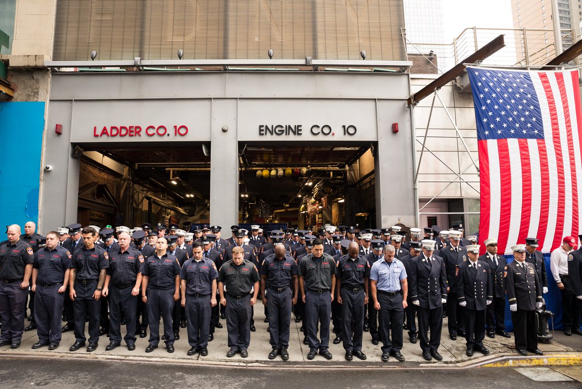 FDNY's tweet image. #FDNY Chief of Department James Leonard and members pay tribute at #Engine10 and #Ladder10  #NeverForget