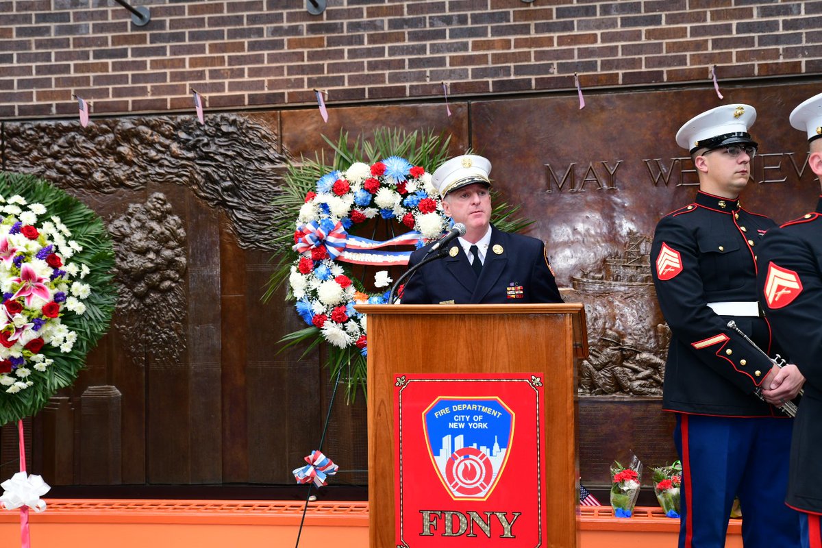 FDNY's tweet image. #FDNY Chief of Department James Leonard and members pay tribute at #Engine10 and #Ladder10  #NeverForget