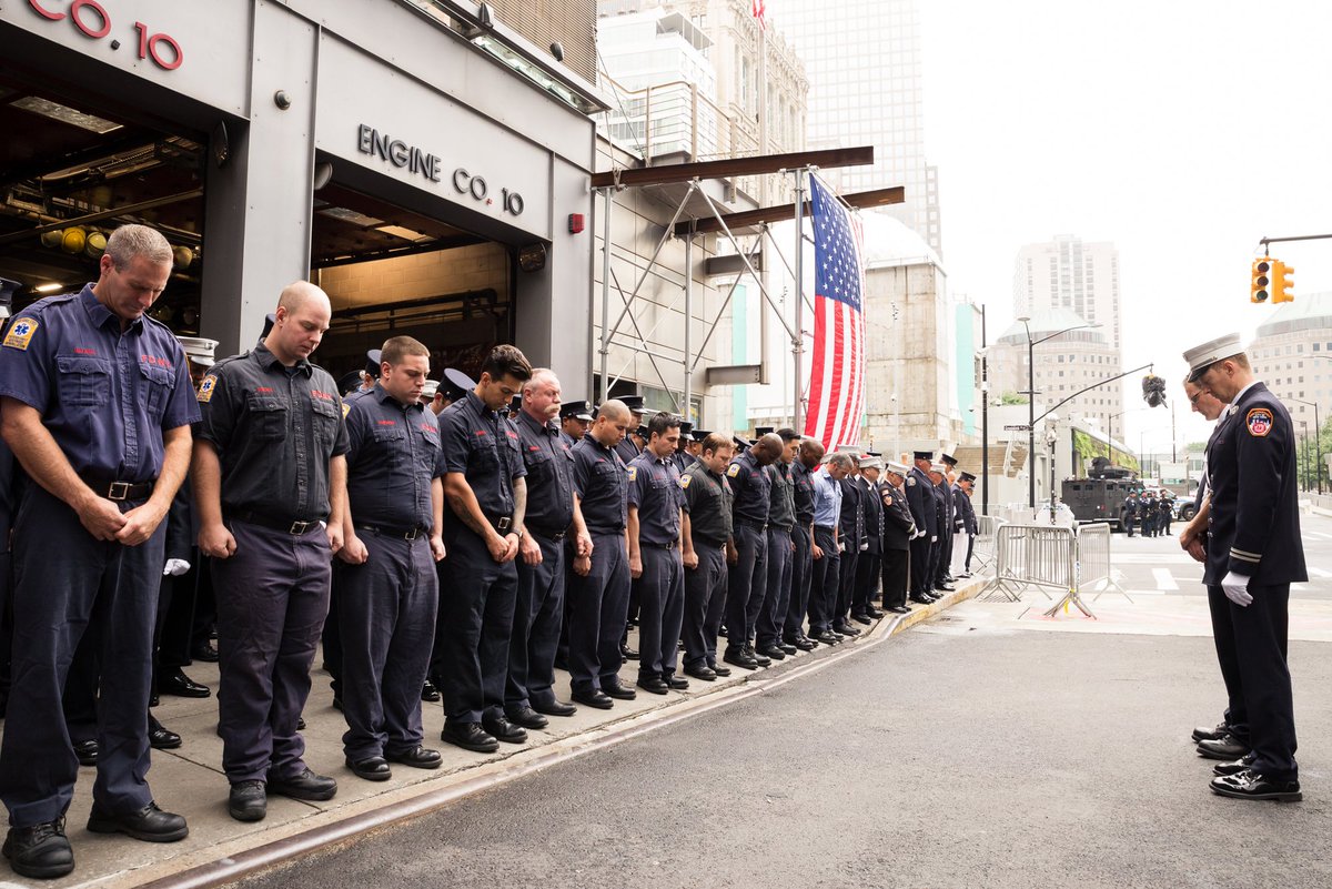 FDNY's tweet image. #FDNY Chief of Department James Leonard and members pay tribute at #Engine10 and #Ladder10  #NeverForget
