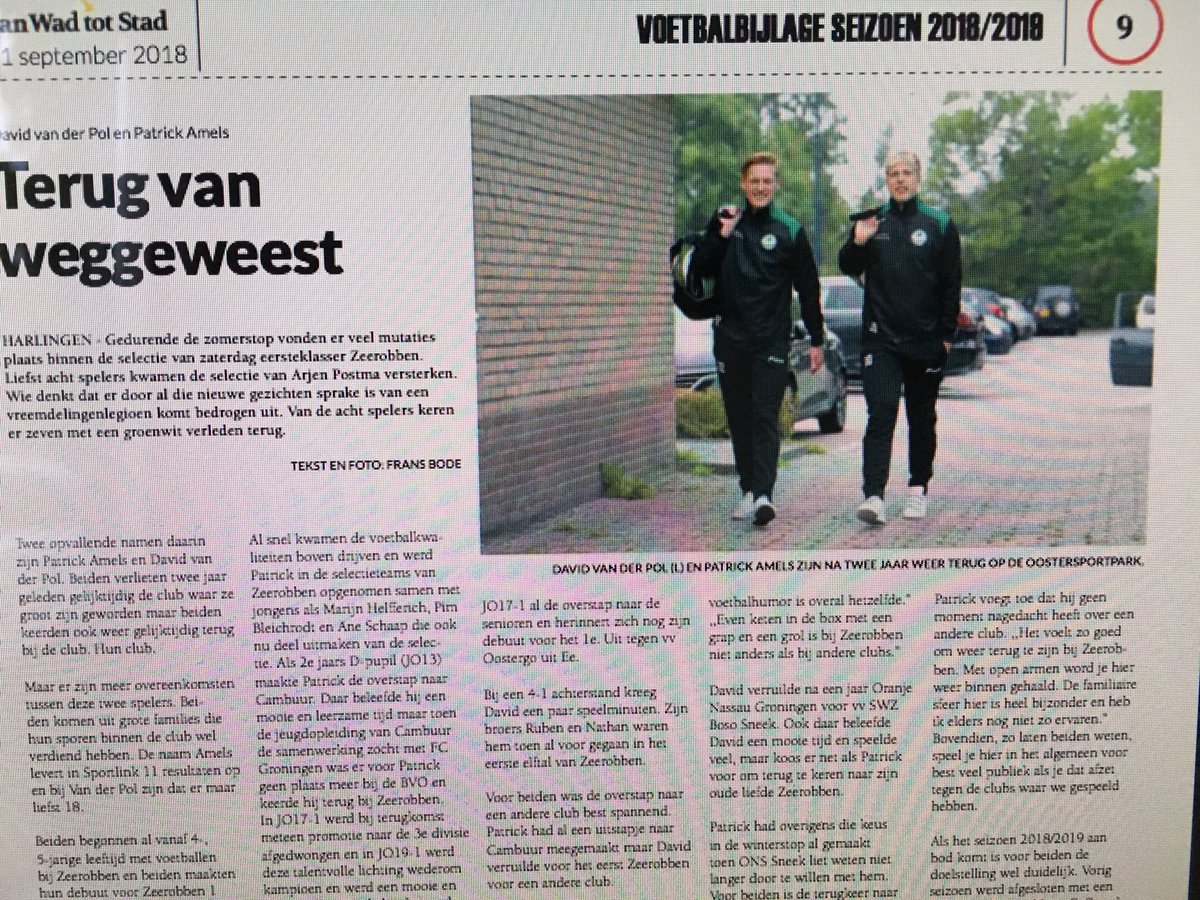 fransbode's tweet image. Op verzoek van de @vanwadtotstad artikel mogen schrijven over de terugkeer van @DavidvanderPol en @patrickamels bij @ZeerobbenTweets. Volledige pagina geworden! Deze week in de krant!