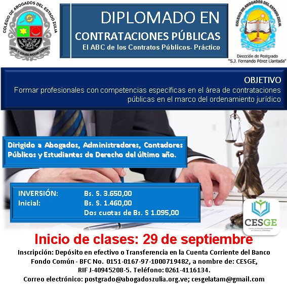 caezulia's tweet image. Diplomado en Contrataciones Públicas, asesorado por especialistas de la región. Horario Sabatino de 8 AM a 1 PM. Inversión: Bs. 3.650,00 Plan de financiación. Info: 0261-4116134 o cesgelatam@gmail.com. Inicio: 29/09/2018