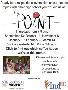 LoudounYouth's tweet photo. Join us for The Point this Thursday at Bean Bar in Leesburg, VA! Discuss hot topics with your fellow teens.
RSVP by text at 703 626 4888.
#loudounyouth #loudounteens #loudouncpuntyteens #loudounva #teentalk #beanbar https://t.co/jwvDQ2pGu1