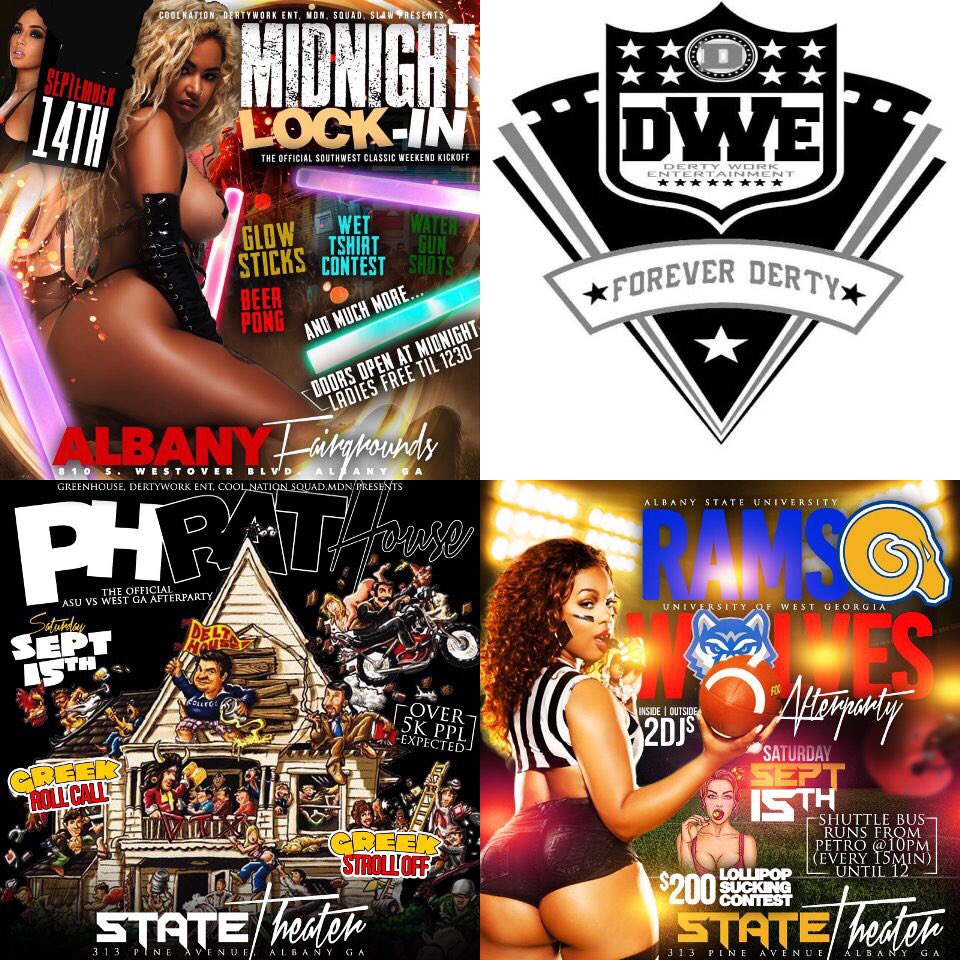 iamkybarbie's tweet image. You know what’s popping when #DertyWerkEnt involved ..... 🔥🔥🔥The Official #ASUvsUWG Weekend Party Line-🆙🆙🆙🆙 

🗣#MidNightLockInn Friday 9/14 @ Albany Fairgrounds‼️

🗣#SouthWestClassic #PHratHOUSE #UWGInvasion 9/15 @ The State Theater‼️

#DertyWorkENT

#RT #RT #RT