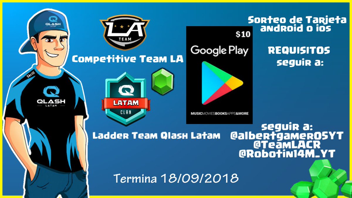 Sorteo Tarjeta Android o ios. 
Seguir a: 
@albertgamer05YT @TeamLACR 
@Robotin14M_YT 
Subs a: youtube.com/channel/UCkGnK…
RTS
Termina 18/09/2018