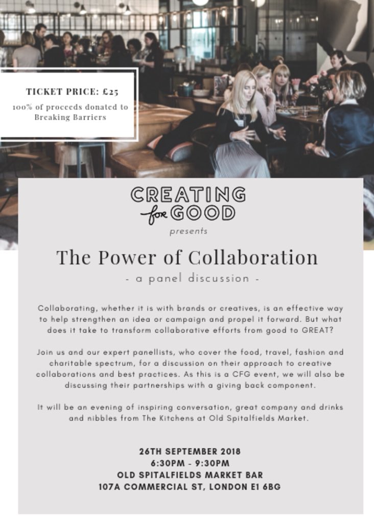 CreatingforGood's tweet image. Have you got your ticket for our next event yet? A panel discussion on The Power of Collaboration- we will discuss what makes a great collaboration and more with our panellists. Don’t miss out! creatingforgood.co.uk/sept-2018-panel