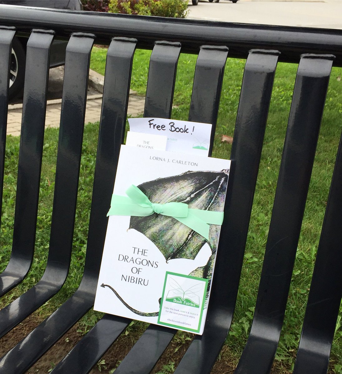 BookFairies_TO's tweet photo. This signed copies of Canadian author, Lorna J. Carleton’s The Dragons of Nibiru 🐉 is waiting on a bench outside the York Mills Starbucks plaza.
#ibelieveinbookfairies #TheDragonsOfNibiru #dragonsofnibiru #fantasynovel https://t.co/drLjHxZ1aq