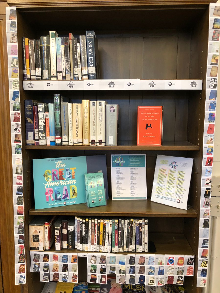 whyy's tweet image. 100 books. 1 winner. Are you ready for the #FallKickOff of The Great American Read? Tune in tonight at 8/7c on @WHYY! Check out this incredible #GreatReadPBS display from out partners at the @ArdmoreLibrary! #GreatReadPBS #WHYY