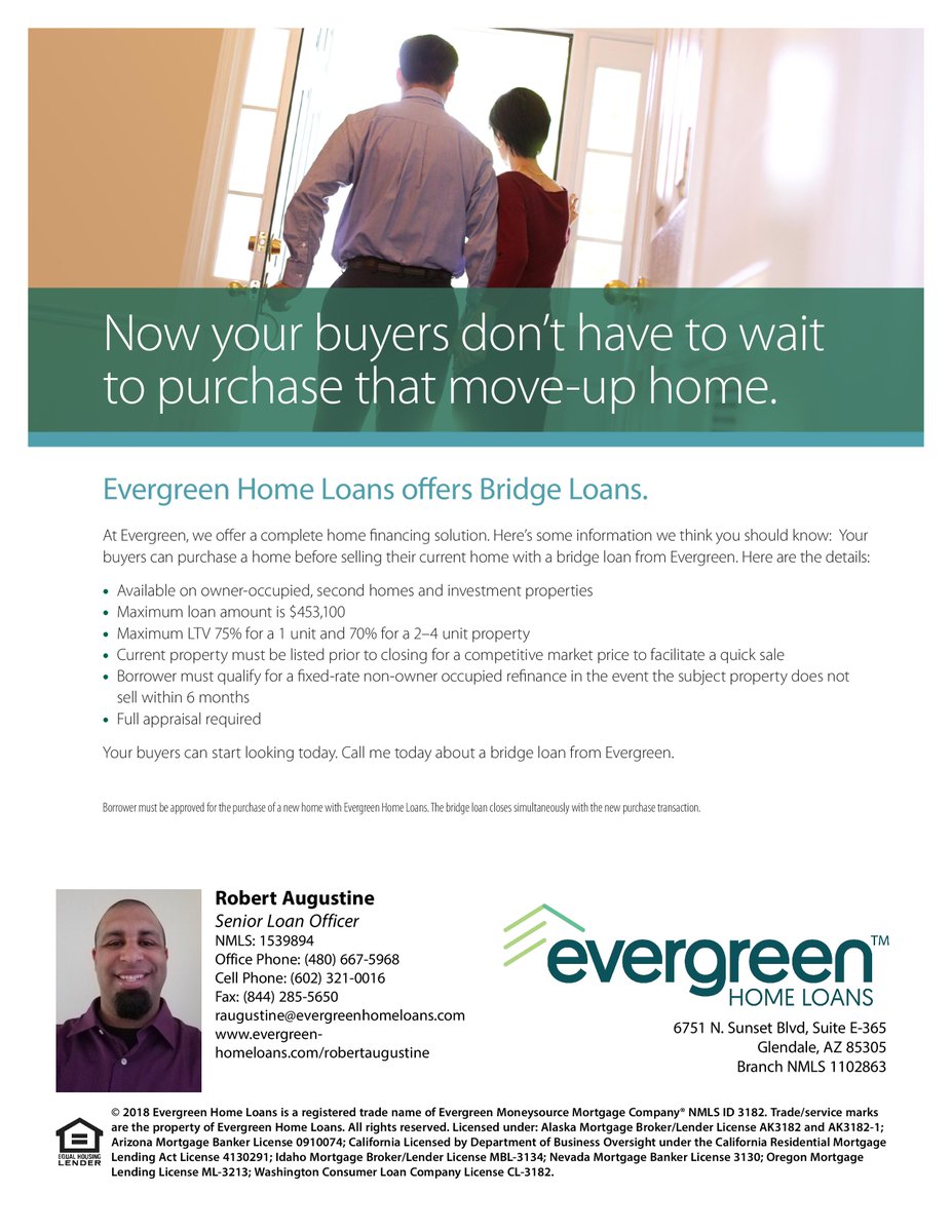 RAugustineLLO's tweet photo. Do you own your home but eager to upgrade? Have you found the perfect one but afraid it'll be taken faster than yours can sell? If so, take advantage of @EvergreenHomeLn #BridgeLoans. Purchase a home before selling yours with a complete home financing solution! #LoanOfficer https://t.co/WTg1Zob3kp