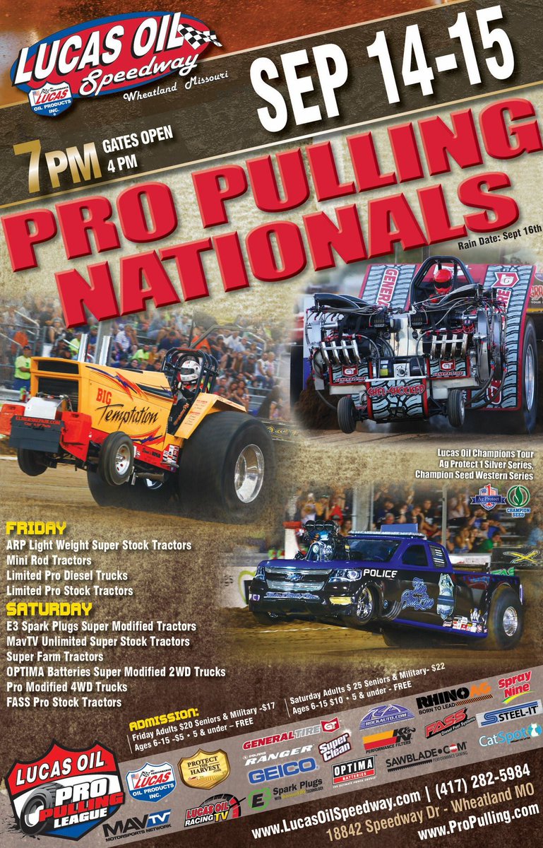 lucasspeedway's tweet photo. Whoβs ready for @ProPulling nationals this weekend?! Itβs going to be an awesome weekend!! Gates open at 4PM and starts at 7PM! See you at the track!ππ»
#lucasoilspeedway
#lucasoil
#propullingleague https://t.co/QbuwQCWn5r