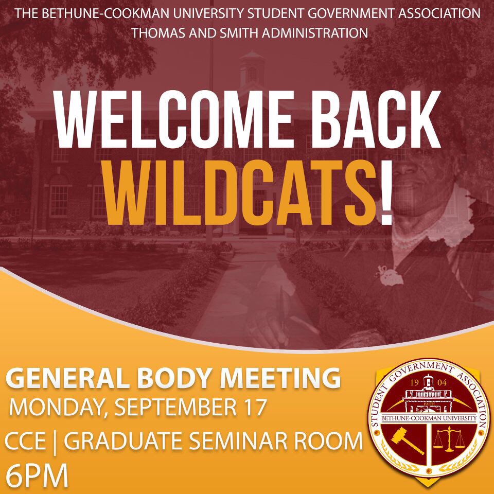BCU_OL2018's tweet photo. 🎊 WELCOME BACK WILDCATS! 🎊
It’s that time of the semester! We are here for YOU! Come out and join SGA in our FIRST General Body Meeting! 
Monday, Sept. 17, 2018 @6PM
CCE| Graduate Seminar Room. 
WE WANT TO HEAR YOUR VOICE!
#BCUSGA #BCU22 #BCU21 #BCU20 https://t.co/ui1uStzaqy