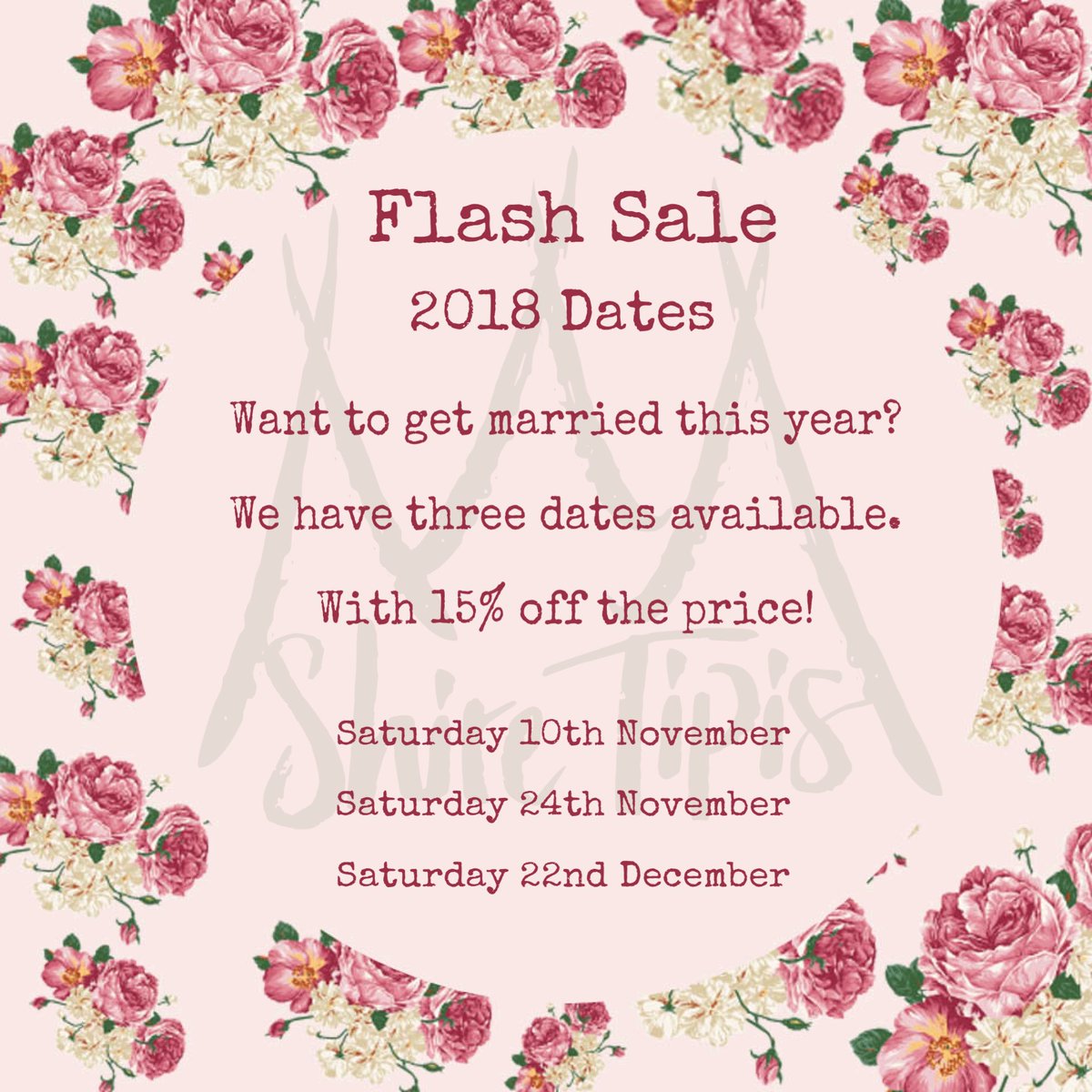 ShireTipis's tweet photo. Super exciting news..... We are having a Flash Sale! A HUGE 15% OFF our last few remaining dates this year! 

Contact us at Enquiries@shiretipis.co.uk or 0844 542 0830 for more details. https://t.co/9fUaVpFqht
