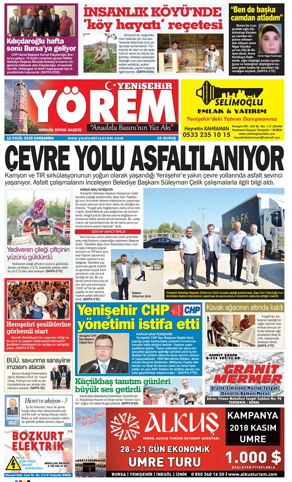 12 Eylül 2018 Çarşamba. Yenişehir Yörem Gazetesi 1. Sayfası. Gazetemizin 12 Sayfasının tamamını yüksek çözünürlüklü okumak için yenisehiryorem.com adresine girip, "Gazetemizi Okudunuz mu? Hemen Tıklayın" bölümüne girebilirsiniz