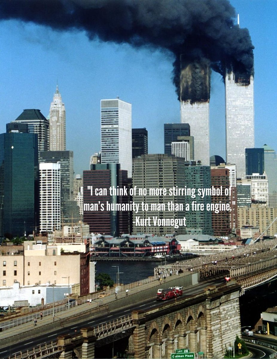 KSXVIII's tweet photo. Ladder 118 crossing The Brooklyn Bridge on September 11th, 2001.

The rig was recovered days later and after two months, so were the 6 firemen who rode it.

Never forget. https://t.co/SQX0DPOSze